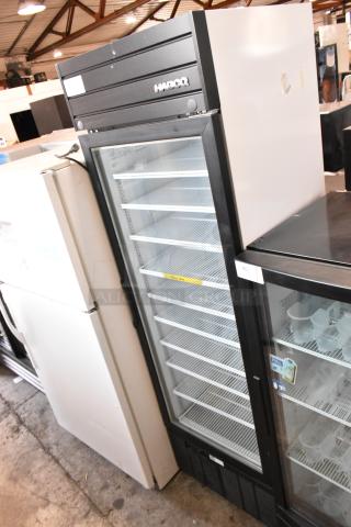 2019 Habco SE18 metal commercial reach-in cooler with single glass door and poly-coated racks; 115 volts, 1 phase.