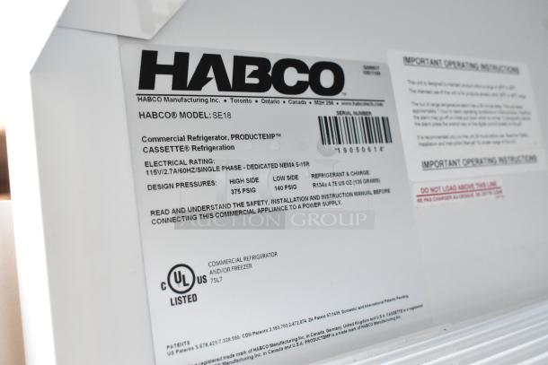 2019 Habco SE18 Commercial Cooler label, showing model and electrical specs, UL listed, 115V, PH1, 375/140 PSIG.