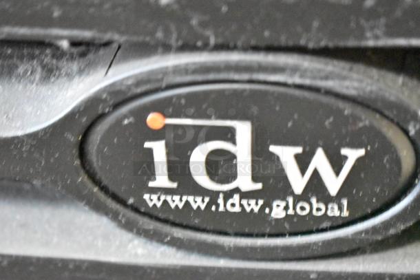 IDW G-10-F334B-HC cooler logo, showing brand website. Metal commercial single door reach-in cooler merchandiser.