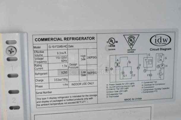 IDW G-10-F334B-HC metal cooler label showing model details: 9.3 cu. ft., 110-120V, R290 refrigerant, made in China.