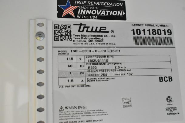 Label of 2021 True TSCI-600R-G-PH single door cooler. Features 115 volts, R290 refrigerant. Serial number 10118019. Energy Star rated.