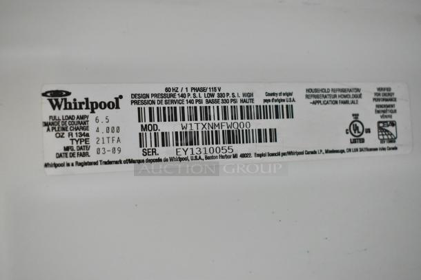 Whirlpool W1TXNMFWQ00 cooler with freezer label, 115V, 1 phase, white background, serial EY1310055, manufactured 03-09.