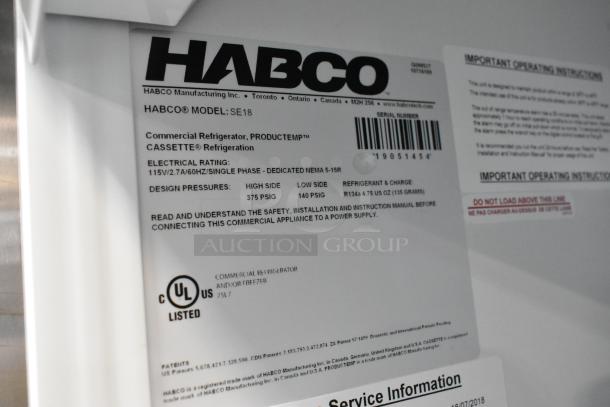 Label on 2019 Habco SE18 Metal Commercial Single Door Reach-in Cooler, showing model, specs, and UL listing.