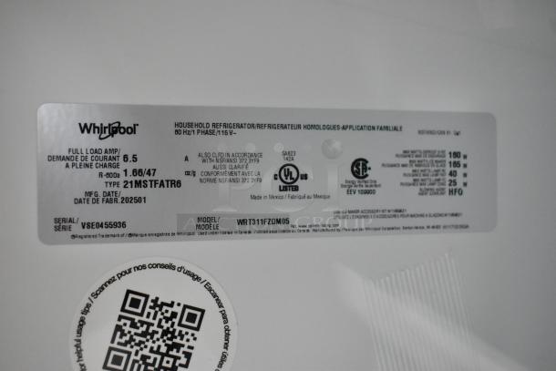 2025 Whirlpool WRT311FZDM05 label, showing model, serial number VSE0455936, 115V, 1 phase, NSF certified.