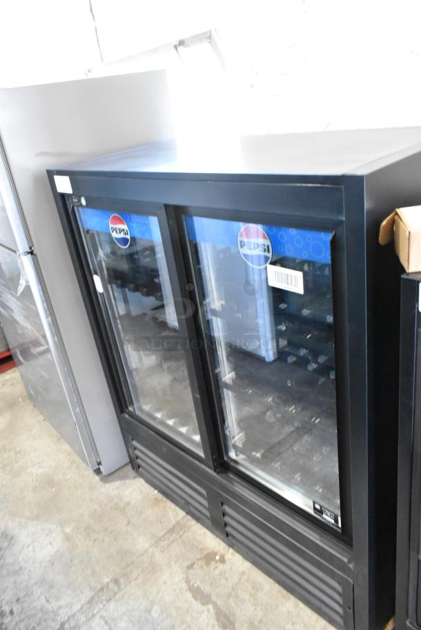 QBD CD4154-HC metal commercial 2-door reach-in cooler merchandiser with poly-coated racks. Model visible, 115V, 1 phase.