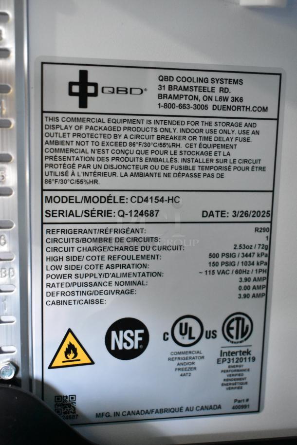 QBD CD4154-HC metal commercial reach-in cooler label, showing model number, refrigerant details, and certifications.