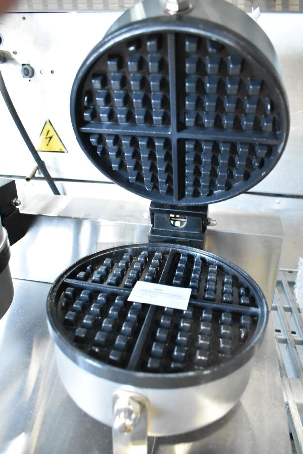 Carnival King 382WSM stainless steel double waffle maker, brand new, scratch and dent. Non-stick, with timers, 120V, 1 phase.