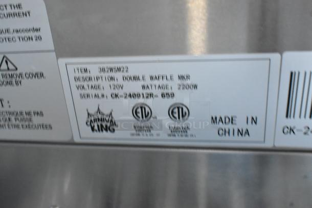 Stainless steel Carnival King double waffle maker, model 382WSM22, 120V, scratched, ETL certified, made in China.