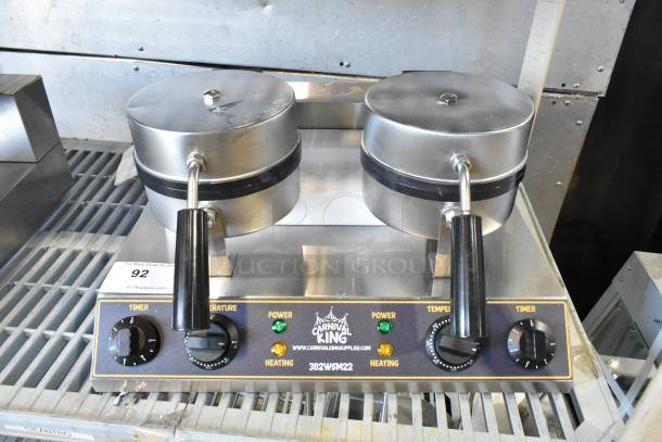 Brand new Carnival King 382WSM stainless steel double waffle maker with timers, 120 volts, scratch and dent condition.