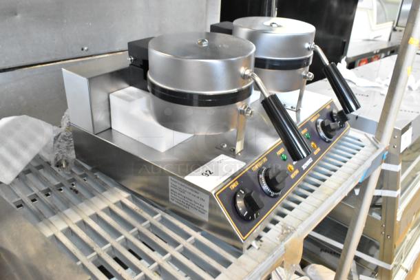BRAND NEW Carnival King 382WSM Stainless Steel Double Waffle Maker, non-stick, with timers, visible minor scratches.