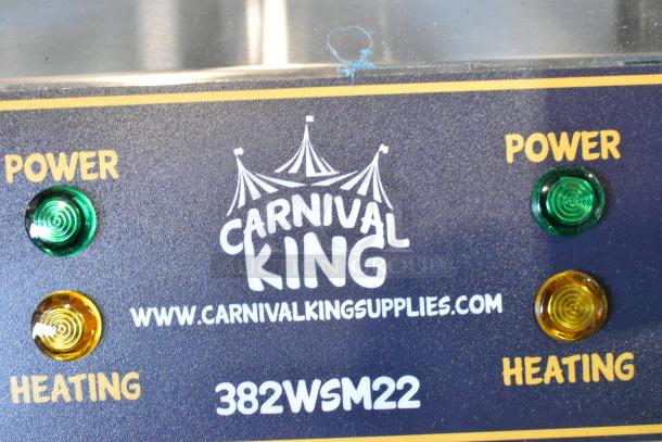 Carnival King 382WSM22 stainless steel double waffle maker, 2025 model, with power and heating indicators, timers, 120V, 1 phase.