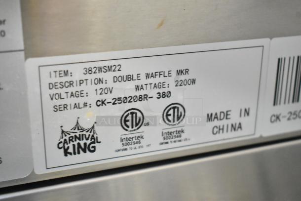 Carnival King 382WSM Stainless Double Waffle Maker, 120V, ETL certified, made in China, serial CK-250208R-380.