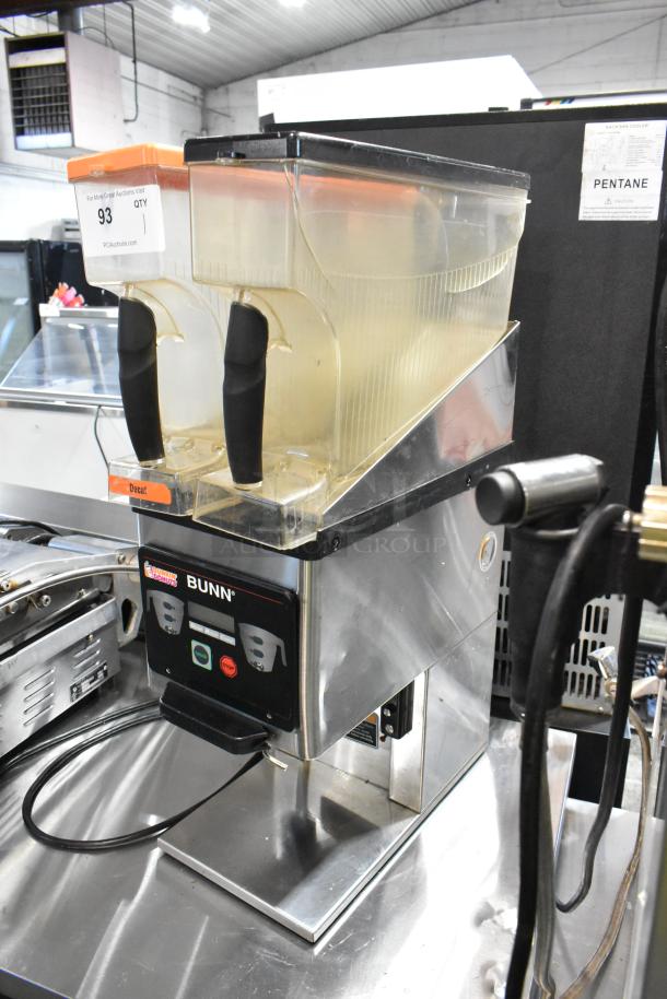 Bunn MHG Stainless Steel Commercial Coffee Bean Grinder with 2 hoppers, 120V, 1 phase; excellent condition, labeled buttons.