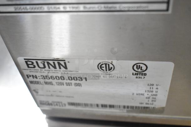 Bunn MHG stainless steel commercial coffee grinder label showing model and electrical details. UL and ETL listed.