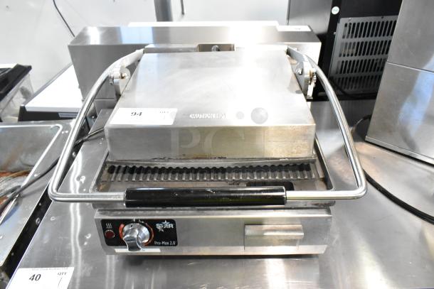 Star Pro Max 2.0 PGT14 stainless steel commercial countertop panini press, 120V, 1 phase, with heat control dial.