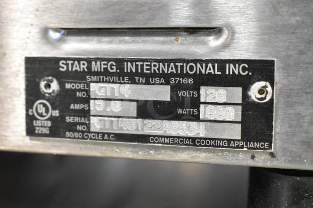 Star Pro Max 2.0 PGT14 Stainless Steel Panini Press, 120V, 1 Phase, commercial use, metal info plate visible with specs.