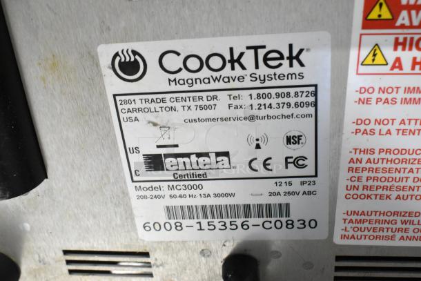CookTek MC3000 stainless steel commercial single burner induction range label, 208-240V, 1 phase, Entela certified.