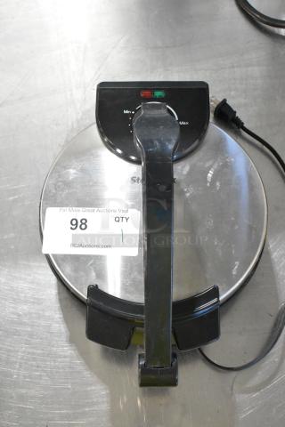 Star Blue SB-SW2093 metal countertop waffle maker, 120 volts, in good condition, with power dial on top.