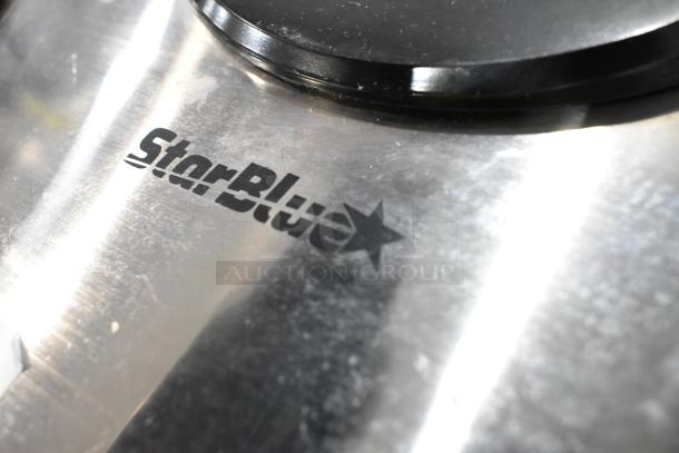 Star Blue SB-SW2093 metal countertop waffle maker, 120V, with brand logo on brushed metal surface.