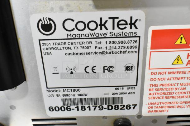 2018 CookTek MC1800 Stainless Steel Induction Range tag, showing model, voltage, certifications, and safety warnings.