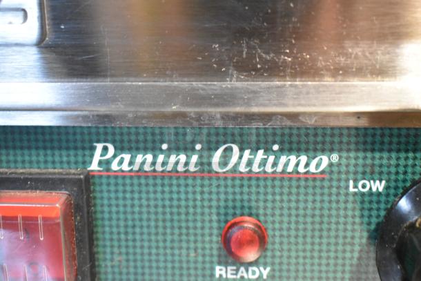 Waring WPG300 stainless steel commercial double panini press, 240V, 1-phase, features control dials and "Panini Ottimo" branding.