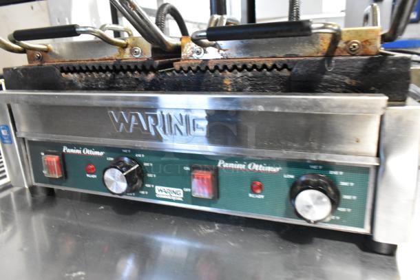 Waring WPG300 stainless steel double panini press, 240V, 1 phase, with control knobs and "Panini Ottimo" label.