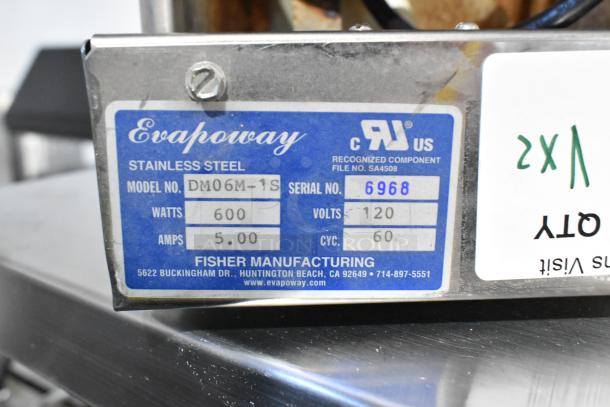 Evaporway DM06M-1S evaporator pan, stainless steel, 600 watts, serial 6968, model label visible, includes Bagel Saber item.