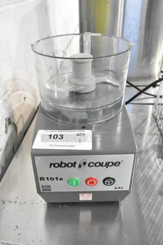 Robot Coupe R 101 B metal countertop food processor, S blade, missing lid. 120V, 1 phase. Auction tag "103".