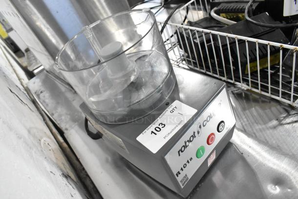 Robot Coupe R 101 B metal countertop food processor, missing lid, with S blade, 120 volts, 1 phase. Model R 101 B.