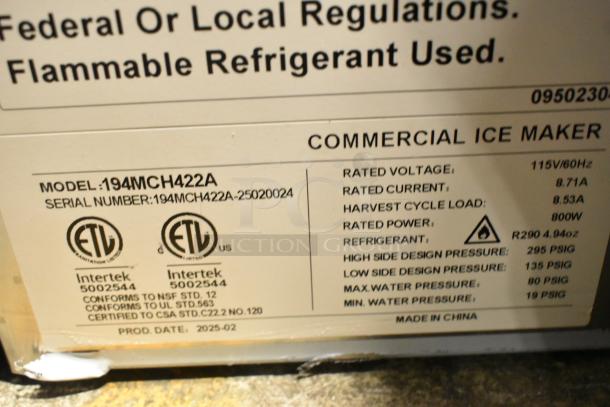BRAND NEW 2025 Scotsman 194MCH422A Stainless Steel Ice Machine label showing model, serial number, voltage, certifications.