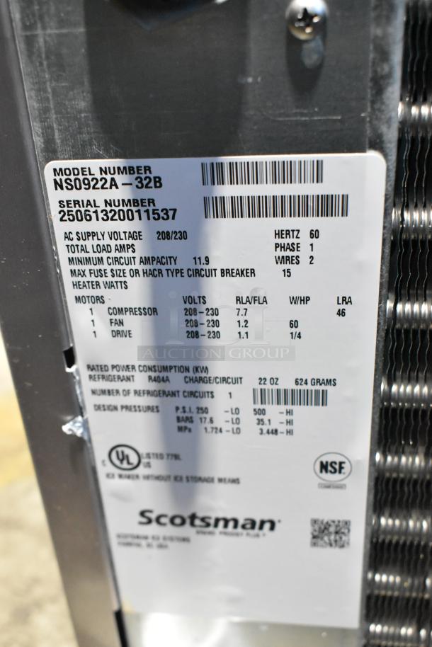 Brand new scratch and dent Scotsman NS0922A-32B stainless steel nugget ice machine, 956 lb capacity, 208/230V, 1 phase.