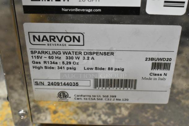 Alt text: Narvon 23BUWD20 stainless steel water dispenser label, showing 115V, 330W, sparkling water option, made in Italy.