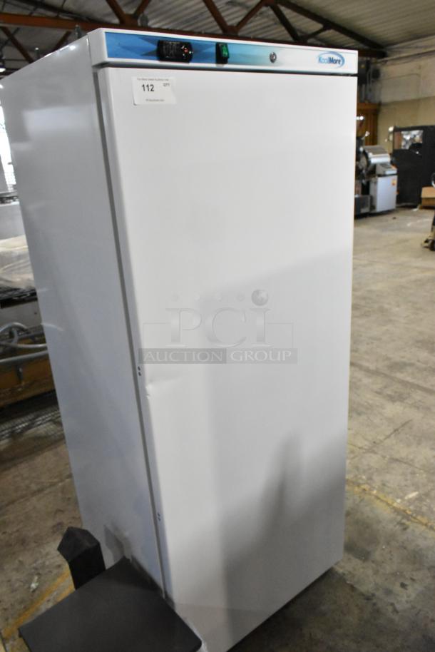 Brand new KoolMore KM-FMD20WH commercial freezer, single door, metal, with poly coated racks, 115V, dent visible.