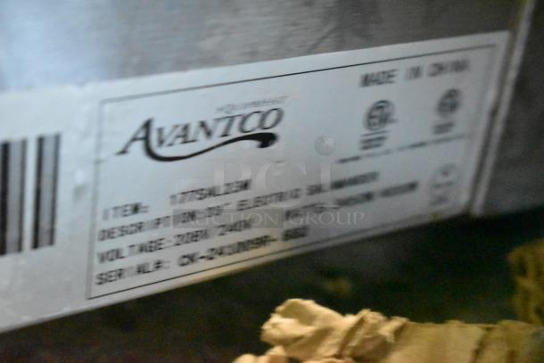 Alt text: Label on Avantco 177SAL23M Salamander showing model, serial number, voltage specs, and "Made in China."