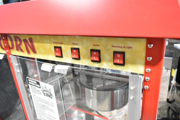 Carnival King 382PMW17R Popcorn Machine, brand new, red, four control switches, 8 oz capacity, warming/holding features, 120V.