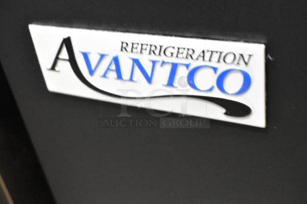Avantco Refrigeration logo on black surface, part of the 193BC48HCB bakery display case.