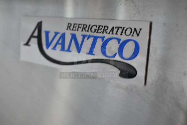 Avantco 178APT60MHC logo on stainless steel surface of a commercial refrigerated sandwich prep table.