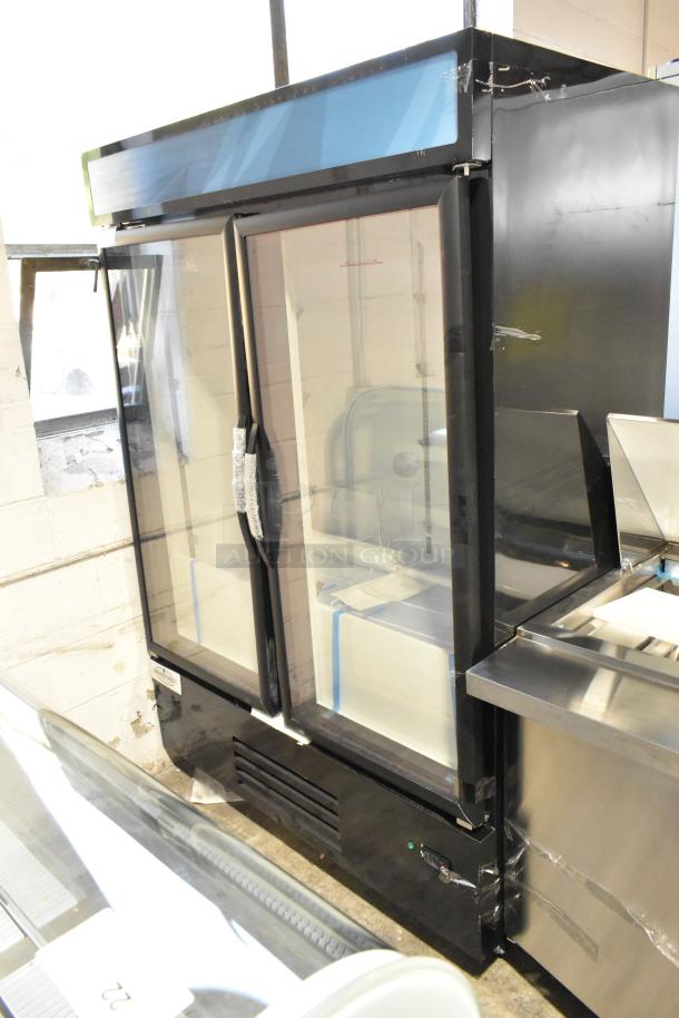 Mainstreet 829GMC49B commercial black swing glass door refrigerator. Scratch and dent; doors unattached. 115V, 1 phase.