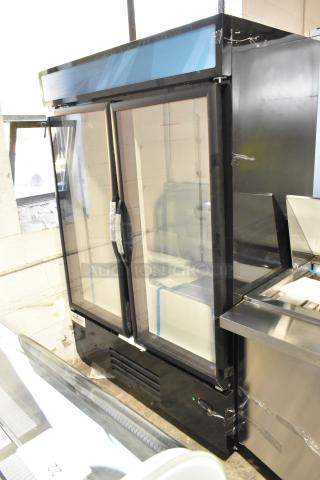 Mainstreet 829GMC49B commercial black swing glass door refrigerator. Scratch and dent; doors unattached. 115V, 1 phase.