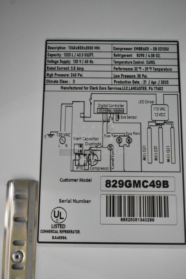 Mainstreet 829GMC49B merchandiser tech specs with barcode, UL listed label, 115V operation, 1225L capacity, doors need reattaching.