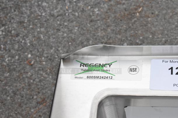 BRAND NEW Regency floor mop sink, model 600SM242412, 16-gauge stainless steel, 24"x24"x12" bowl, notched front, scratch and dent.