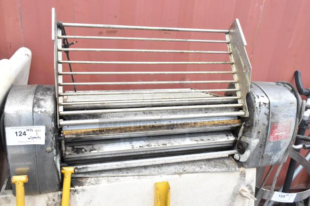 Rondo Seewer metal commercial dough sheeter, unassembled, possible missing pieces, visible wear, metal frame, auction labels.