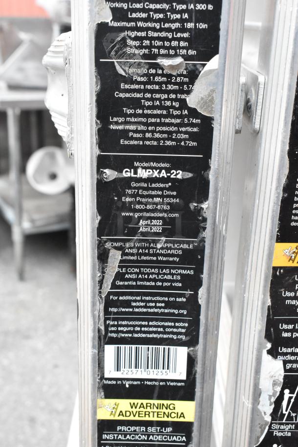 Gorilla Ladders metal convertible ladder, model GLMPXA-22, 300 lb capacity, ANSI A14 compliant, made in Vietnam, April 2022.