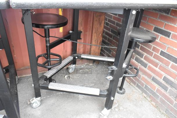 Three tables with attached stools, steel frames, wheels, sizes 30x36x46, 51x36x46, durable condition, set of three.