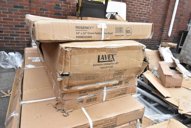 Boxes of 14 new scratch and dent items including Regency wire shelves. Boxes show wear. Items are NSF certified.