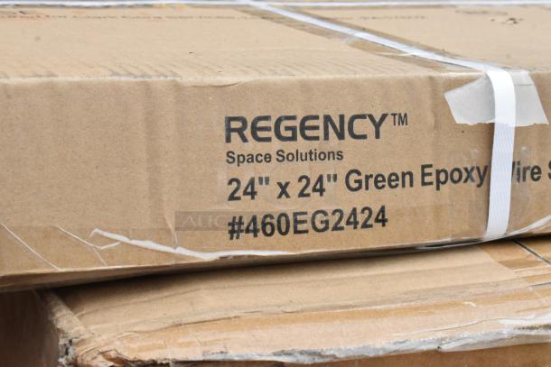 Box of 14 Regency 24"x24" Green Epoxy Wire Shelves, item #460EG2424, noted as brand new, scratch and dent condition.