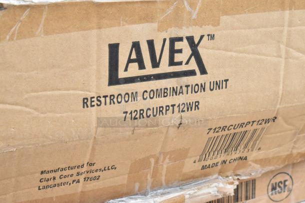 Cardboard box labeled "LAVEX Restroom Combination Unit 712RCURPT12WR," showing wear. Includes scratch and dent items.