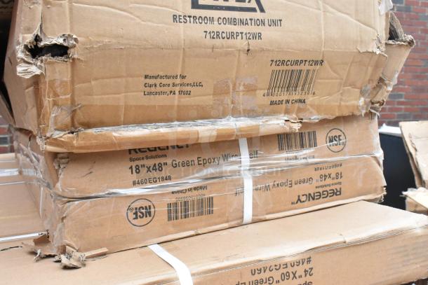 Boxes labeled 18"x48" Green Epoxy Wire Shelf, showing visible damage, NSF certified, made by Regency, made in China.