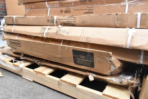 Fourteen brand new scratch and dent items, including Regency wire shelves and Steelton 42" speed rail, on wooden pallet.