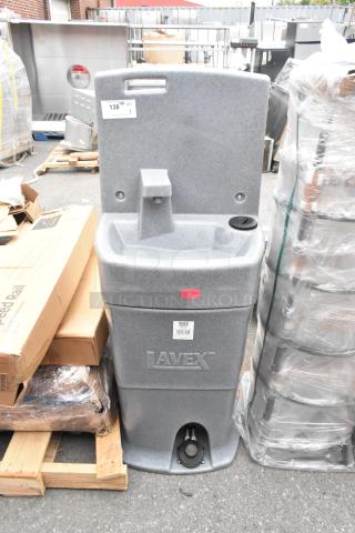 Brand new Lavex 638LAVSNGL 16-gallon mobile hand wash station, scratch and dent condition, with visible tags and labels.